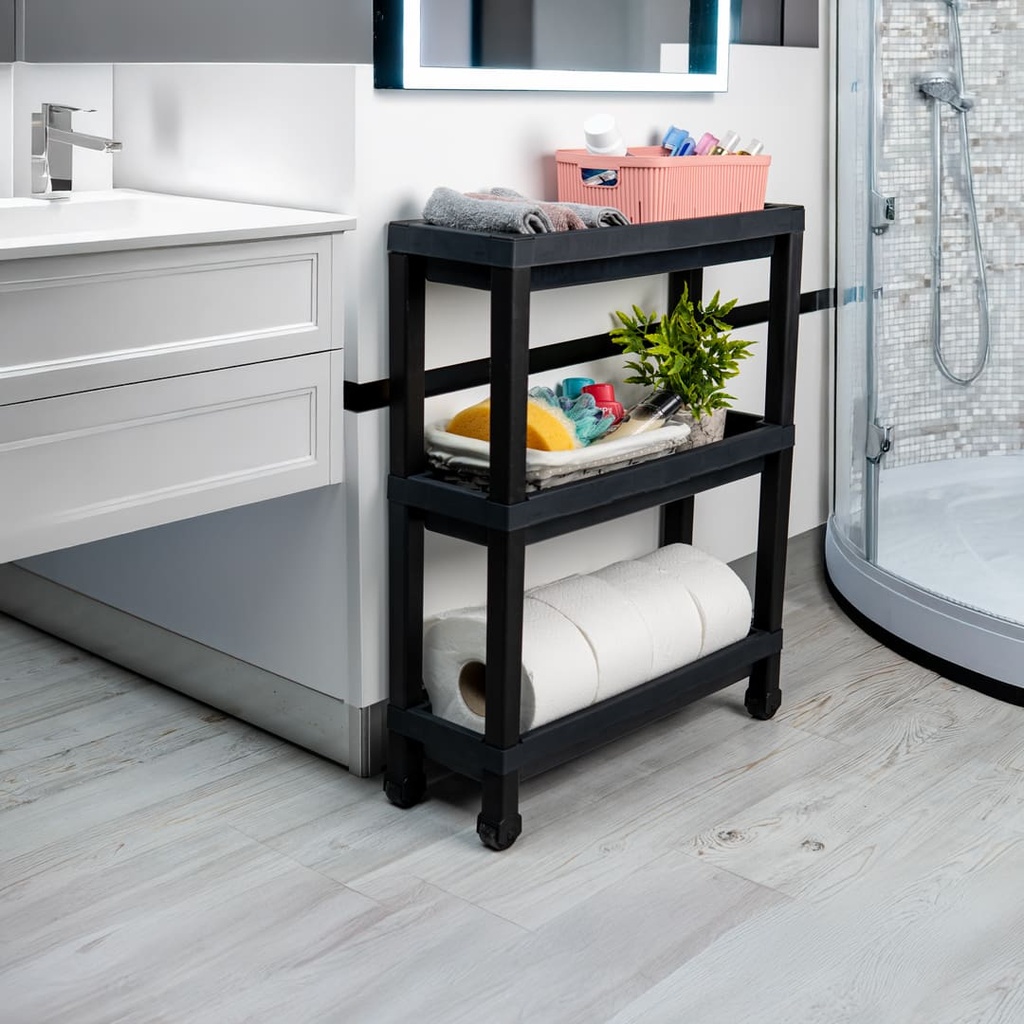 Carro plástico negro 3 niveles 37x24,5x65,7cm