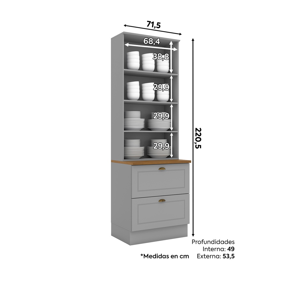 Vitrina 2 Puertas 2 Cajones Vidrio Americana Gris
