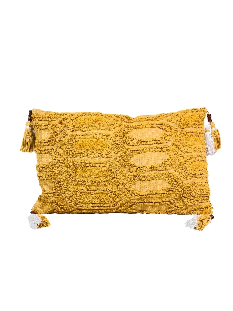 Cojín 30x50cm amarillo/blanco con borlas